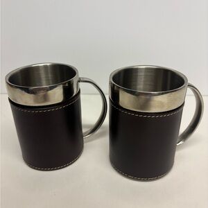 Leeds Stainless Steel Mugs with Brown Leather Wrap Set Of 2